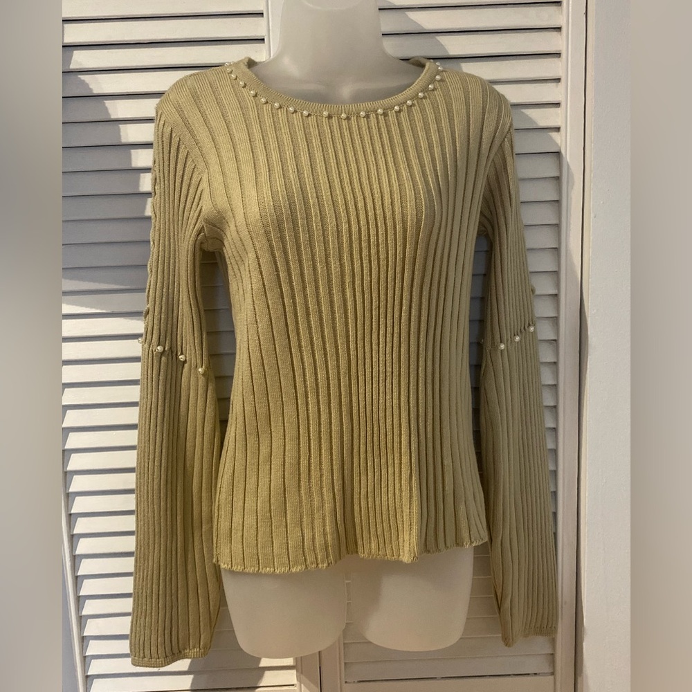 Cream Ribbed Sweater with pearl detail